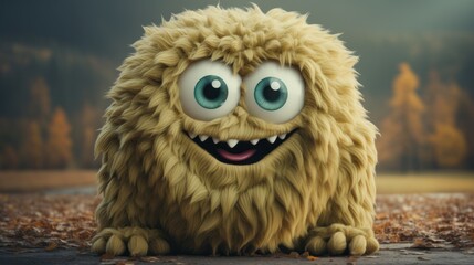 Obraz premium Adorable Furry Monster With Big Eyes Posing Outdoors In Autumn Landscape