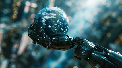 AI robot holding the Earth planet in its hand