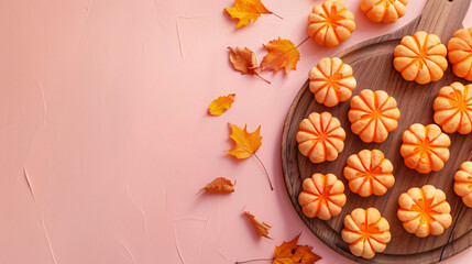 Plates and wooden board with pumpkin shaped buns 