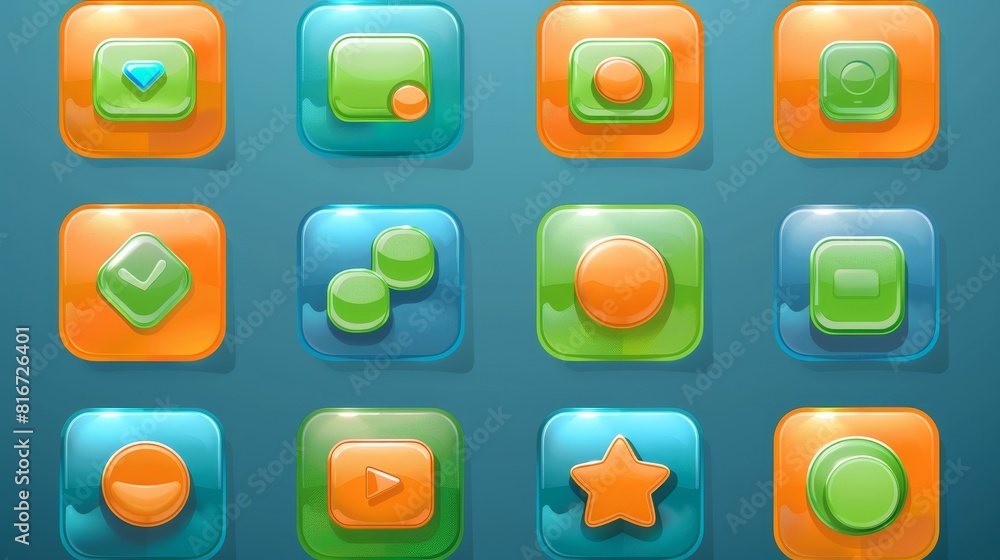 Aufkleber icons with glossy buttons for game or app menu interfaces. set includes orange, green and blue keys 