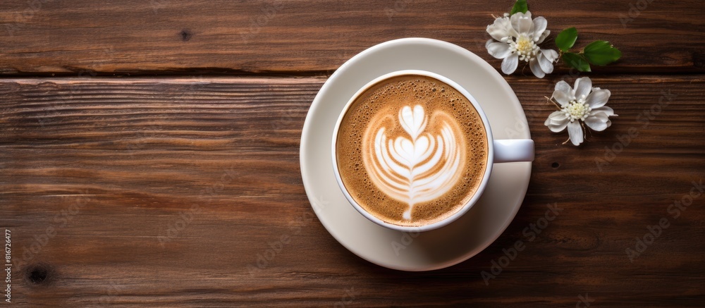 Aufkleber top view of a delicious cappuccino adorned with a milk foam flower design served in a brown ceramic 
