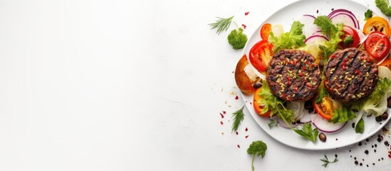 A top down view of pulled beef hamburgers with vegetables arranged on a plate placed on a white stone background creating a copy space image