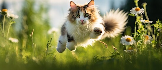 A young tortoiseshell and white Maine Coon cat is seen outdoors in nature playfully jumping against a serene green backdrop creating a captivating copy space image