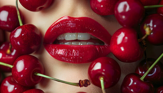 Close-up of woman mouth and fresh cherry
