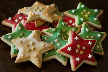 Tempting pile of starshaped cookies adorned with red and green icing and sprinkled with golden stars