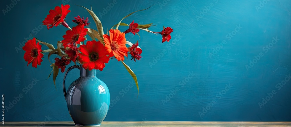 Poster sunlight illuminates a blue vase filled with vibrant red flowers creating a captivating copy space i