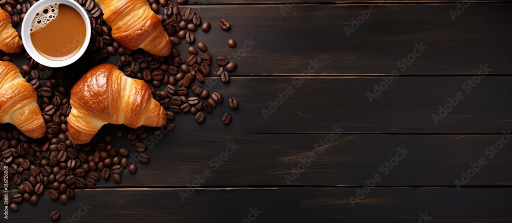 Poster A top down view of a white background showcasing a delightful morning spread of aromatic coffee and sweet croissants with plenty of copy space