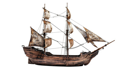 Vintage wooden pirate vessel sets sail on the transparent background, PNG Format