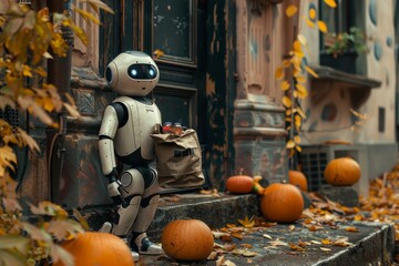 Fototapeta premium Small smart robot with a craft bag at the door, delivering food and medicine