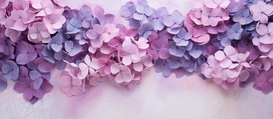 Top view of artistic ink background with pastel violet and pink Hydrangea flowers Copy space image
