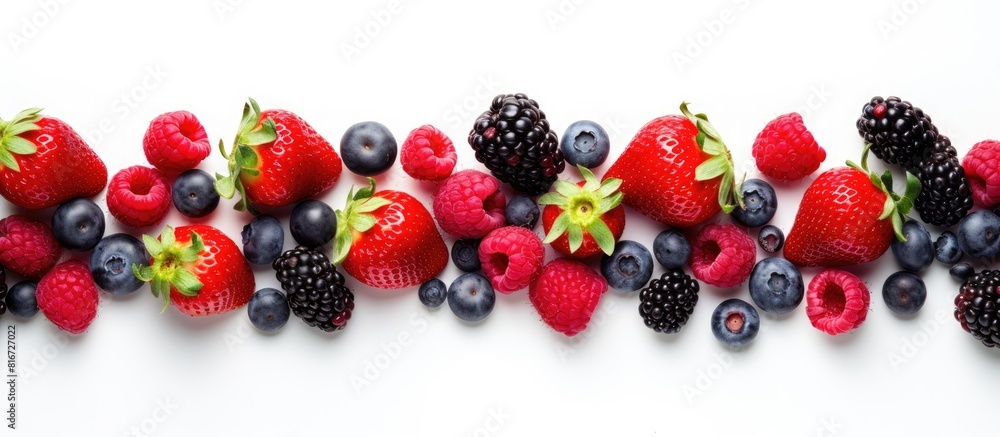 Poster Top view of a fresh berries pattern isolated on a white background with copy space image