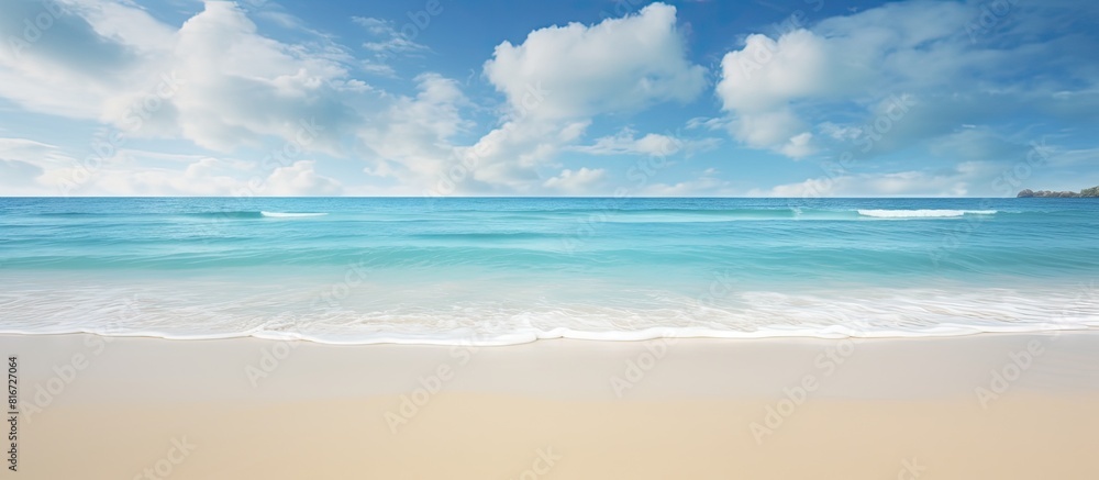 Poster Tranquil serene landscape featuring a wide empty sand beach adorned by a beautiful cloudy sky offering a perfect atmosphere for relaxation Ample copy space image available for creative usage