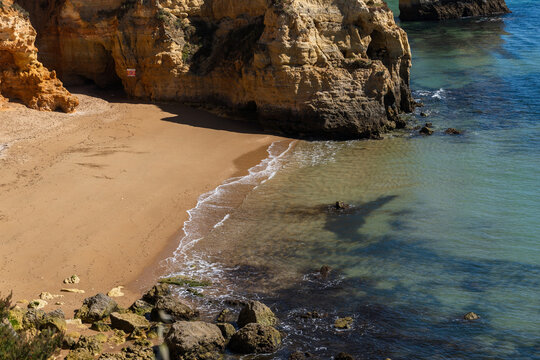 Portugal landscape. Atlantic coast landscape in Algarve region. Praia do Pinhao sandy beach