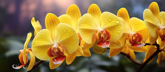 A vibrant yellow orchid flower known as Phalaenopsis or Moth orchid blossoms in the serene setting of an orchid garden creating a captivating copy space image