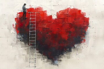 Over a white background an illustration in the style of Isidro Ferrer a big red heart shape with a ladder to the top and a man climbing it, in the style of Isidro Ferrer for a minimalism style poster,