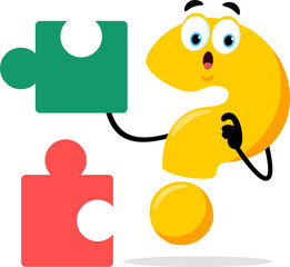 Cute Yellow Question Mark Cartoon Character With Puzzle Piece. Vector Illustration Flat Design Isolated On Transparent Background