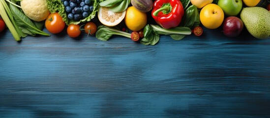 Obraz na płótnie Canvas A variety of fresh organic vegetables and fruits artfully arranged on a rustic blue wooden backdrop Captured from a top down perspective leaving room for text or additional elements