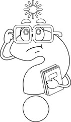 Outlined Cute Question Mark Cartoon Character Holding A NoteBooks And Thinks. Vector Hand Drawn Illustration Isolated On Transparent Background