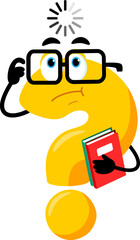 Cute Yellow Question Mark Cartoon Character Holding A NoteBooks And Thinks. Vector Illustration Flat Design Isolated On Transparent Background