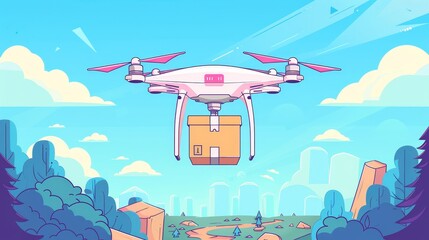 Innovate logistics with unmanned quadcopter flying with package box. Web banner with drone carrying parcel.