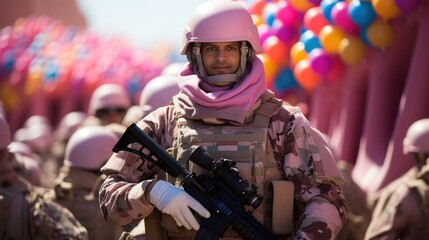 Army Soldier Holding Rifle with Colorful Balloons in Background in Candyland