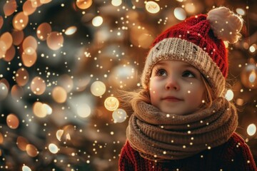 Little girl in festive attire marvels at the sparkling lights, immersed in the magic of the holiday season