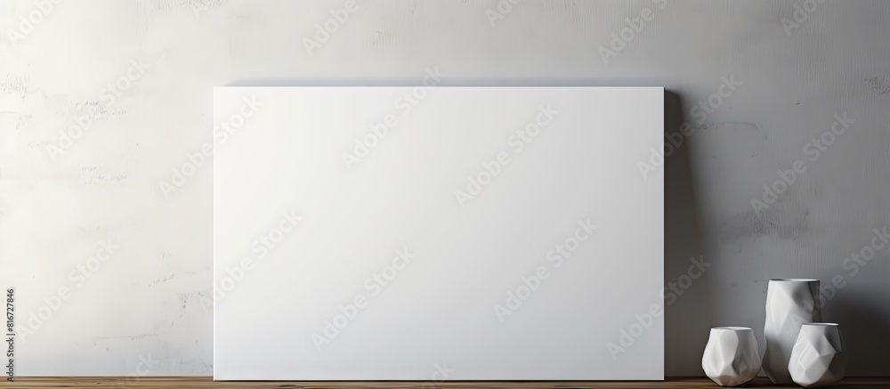 Poster A white canvas mockup displaying a blank picture is placed on a shelf against the wall The presence of shadows adds depth to the image. with copy space image. Place for adding text or design