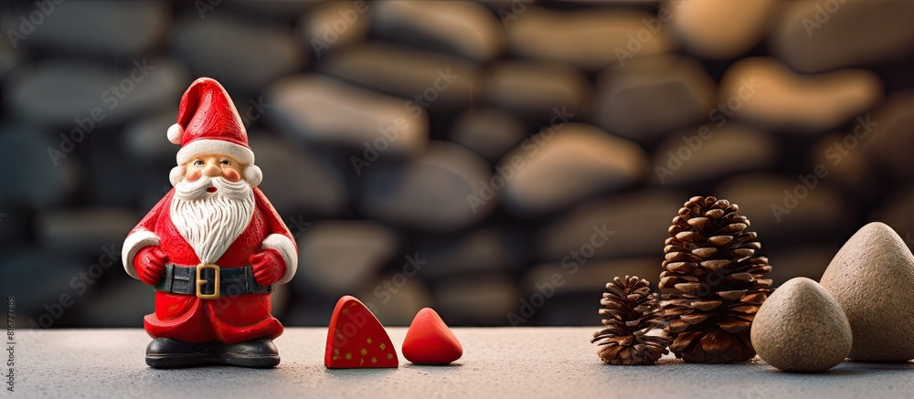 Poster A Santa figurine a gift box and pine cones are displayed on a red table against a blurred stone wall There is plenty of space on the right side for a copy space image Ideal for a Christmas or New Year