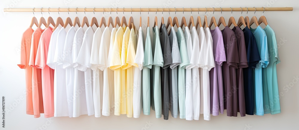 Aufkleber a variety of pastel colored t shirts are neatly arranged on a wooden hanger in a closet or clothing 