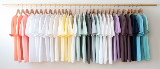 A variety of pastel colored t shirts are neatly arranged on a wooden hanger in a closet or clothing rack against a white background creating a visually appealing copy space image