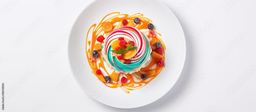 Poster A top down view of a dessert cake presented on a colorful plate with ample space around it for copying The image is isolated on a white background