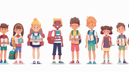 Children holding backpacks with books and studying together. Diverse boys and girls studying together, isolated on white background, modern flat illustration.