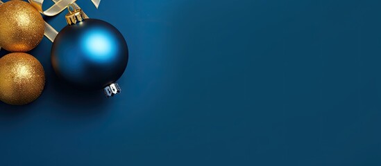 The image showcases a shiny golden Christmas decoration from a top down perspective against a blue background creating an ideal copy space image