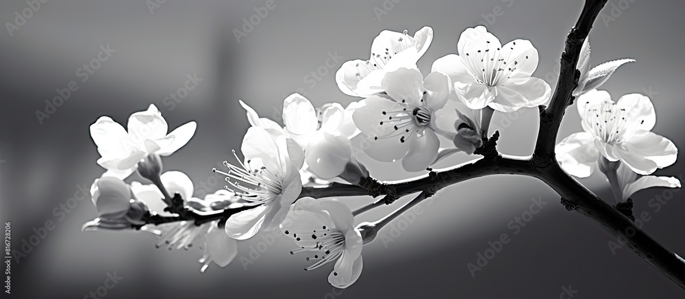Poster in springtime a striking nectarine tree with beautiful flowers blooms against a black and white back