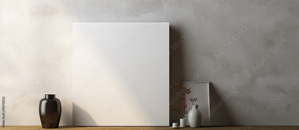 Poster A white canvas mockup displaying a blank picture is placed on a shelf against the wall The presence of shadows adds depth to the image. with copy space image. Place for adding text or design
