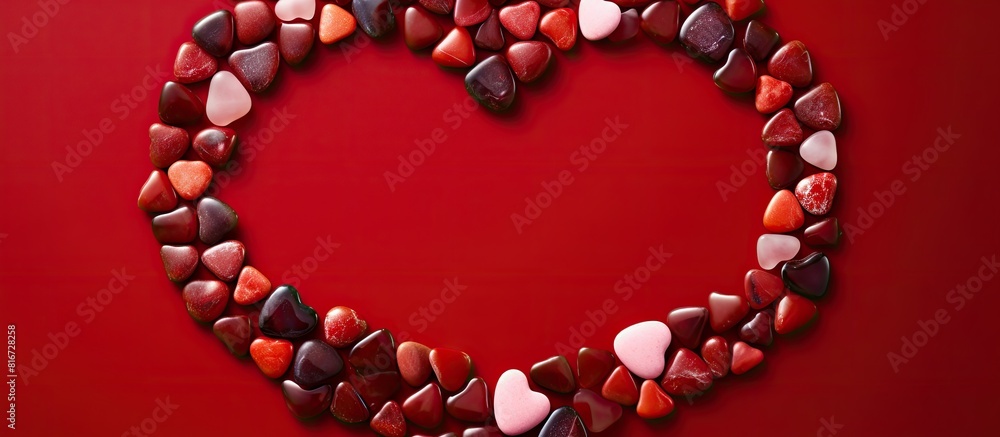 Aufkleber copy space image of a vibrant heart shaped frame adorned with colored stones on a red background per