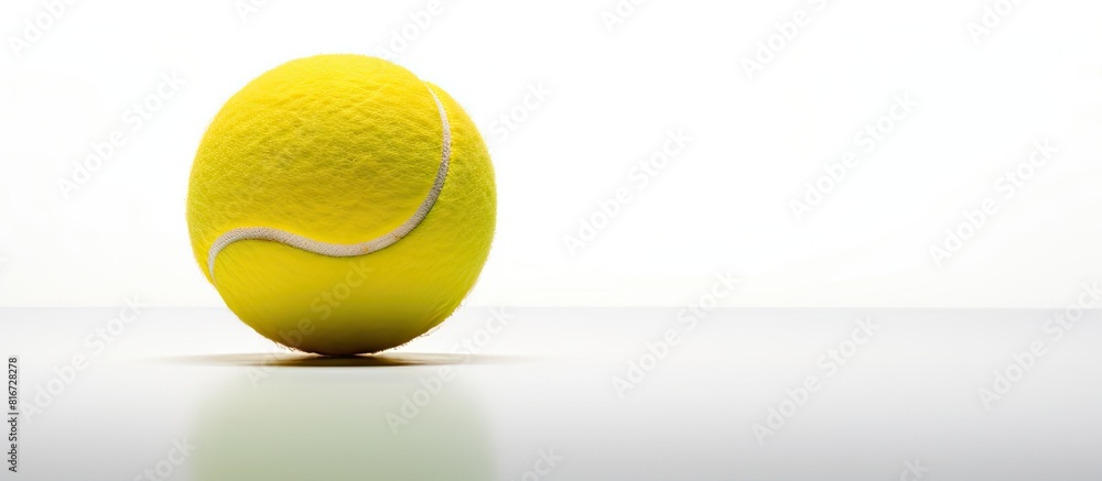 Poster a vibrant yellow tennis ball captured in a close up copy space image set against a pristine white ba