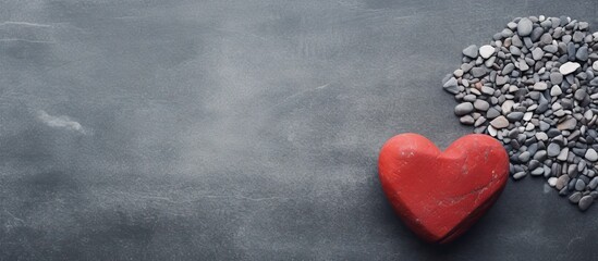 Obraz premium A red wooden heart is placed on a textured grey stone background creating a rustic and charming atmosphere The image provides ample space for written content or text making it a great choice for love
