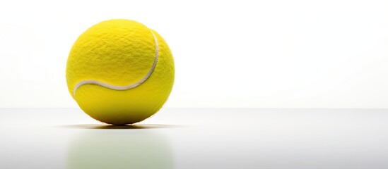 A vibrant yellow tennis ball captured in a close up copy space image set against a pristine white background