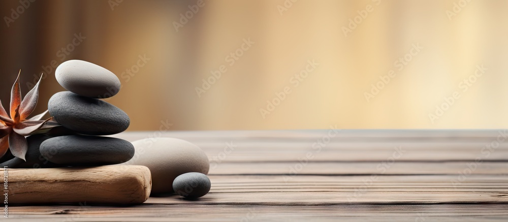 Poster wooden background with a stack of hot spa stones copy space image