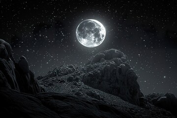 Realistic photo. Mountain view, in wilderness, look from high, beautiful sky night with lighting moon and stars