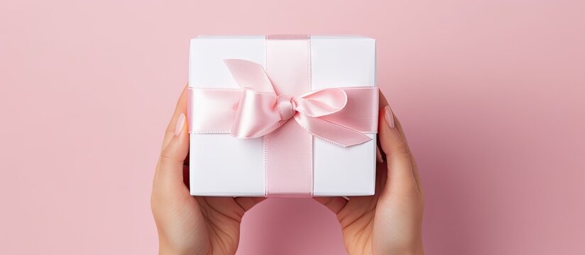 A stunningly wrapped white gift box held by a hand against a pink backdrop adorned with a delightful ribbon and bow symbolizing the act of giving presents for special occasions Ample room for adding