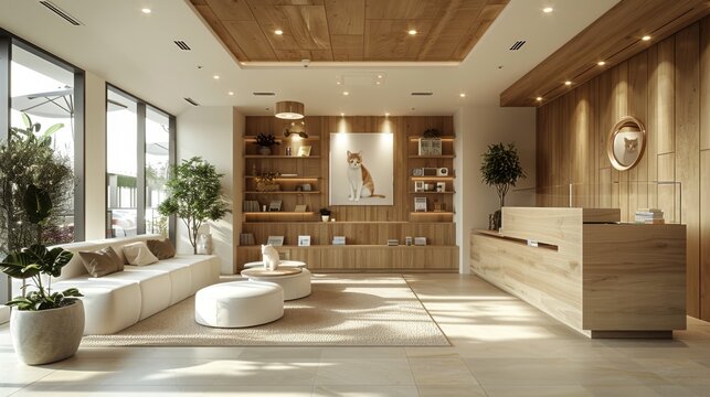 Modern minimalist veterinary clinic interior with natural wood and plants. Wide angle interior photography. Pet care and modern design concept for design and print.
