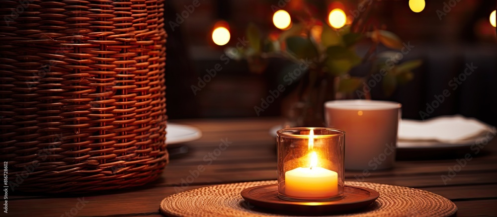 Poster a stylish table setting with a candle on a brown wooden background complemented by a wicker mat. wit