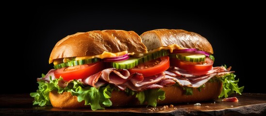 A sandwich with ham vegetables and a dark wooden background for copy space image