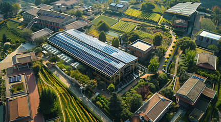 Fototapeta premium A conference venue in an ecological village, There are solar panels on the roof, Looking down from a drone perspective. Generative AI.