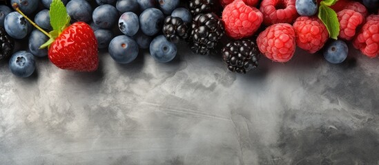 A vitamin rich assortment of fresh berries currants blueberries and raspberries showcased in a...
