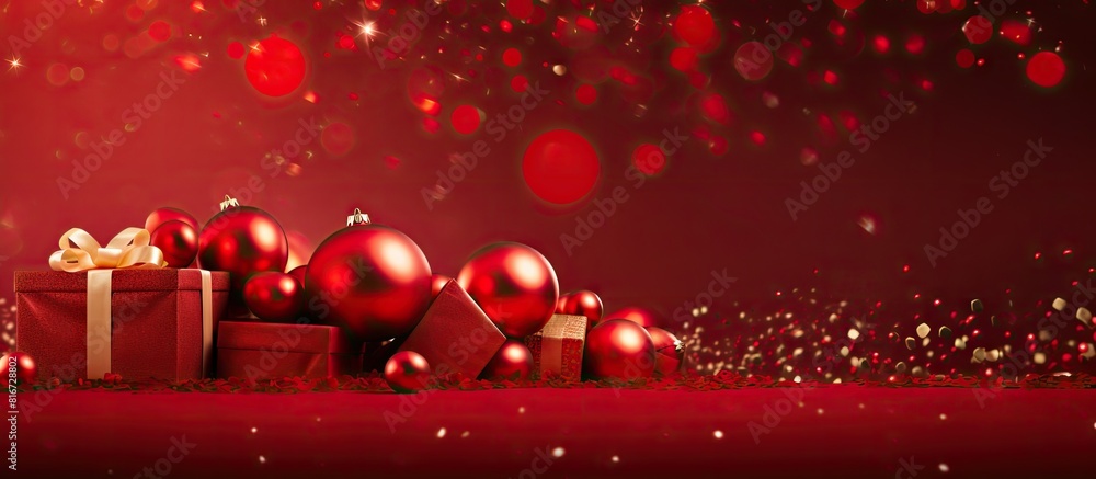 Poster the red background is filled with a composition of christmas gifts balls and confetti creating a fes