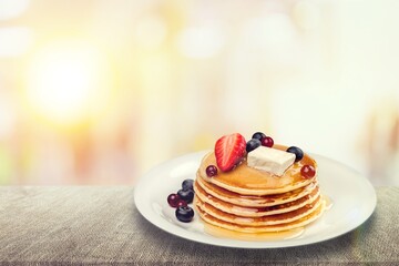 Healthy breakfast homemade pancakes with fresh berries