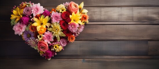 A stunning heart shaped arrangement of flowers on a wooden backdrop with ample space for adding additional images or text